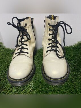 Vizland White Leather Combat Boots Lace Up Side Zip Size 40